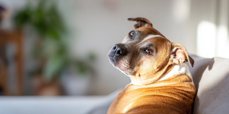 Dog resting comfortably at home while receiving natural pain relief support